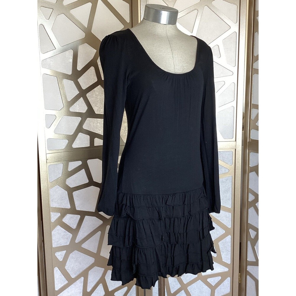 Express Dress Sz S Little Black Dress Scoop Neck Long Sleeves Ruffles Above Knee